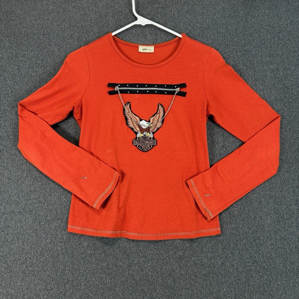 Cingi USA Womens Red Long Sleeve Biker Eagle Graphic Top Zip Chain Y2K